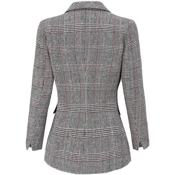 Women's Notch Lapel 2 Button Boyfriend Blazer Suit Houndstooth Plaid Jacket Coat - Picture 2 of 6